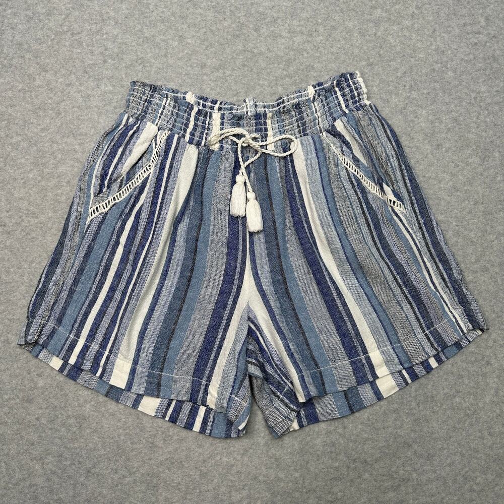 Briggs Linen Blend Short WMNS M Blue White Striped Pull On Elastic Waist Pocket